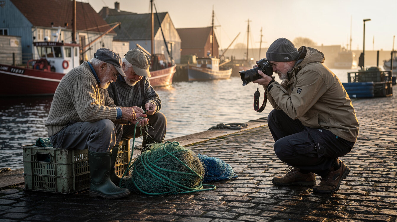 Dokumentarfotograf fotograferer fiskere ved en dansk havn