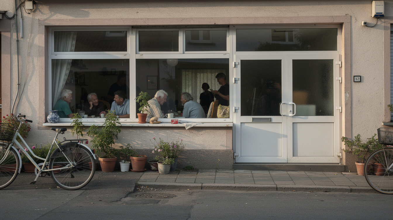 people behind building facade
