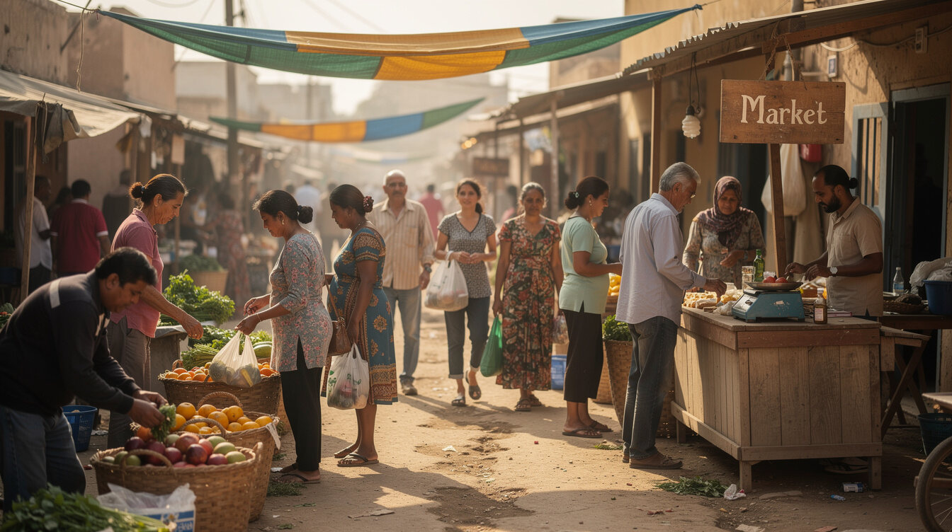 market scene with locals