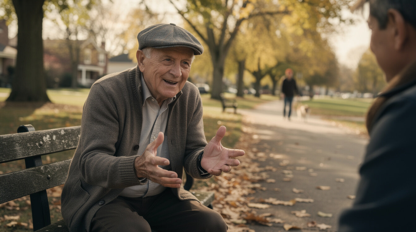 elderly man in park telling story
